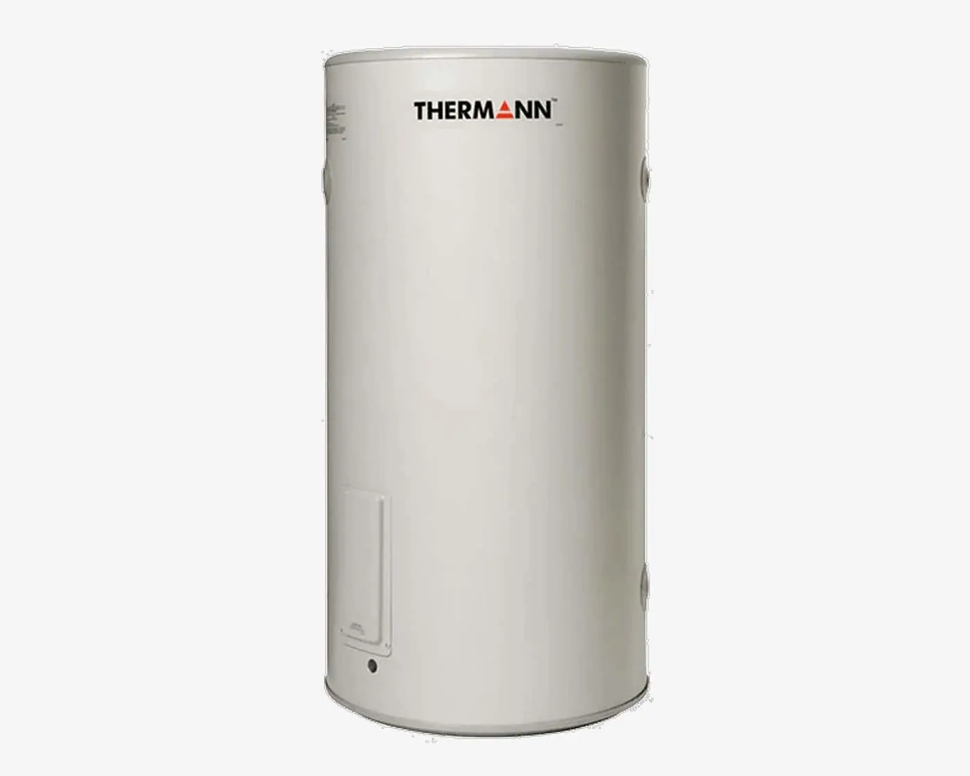 White cylindrical Thermann water heater with brand logo on top against white background.