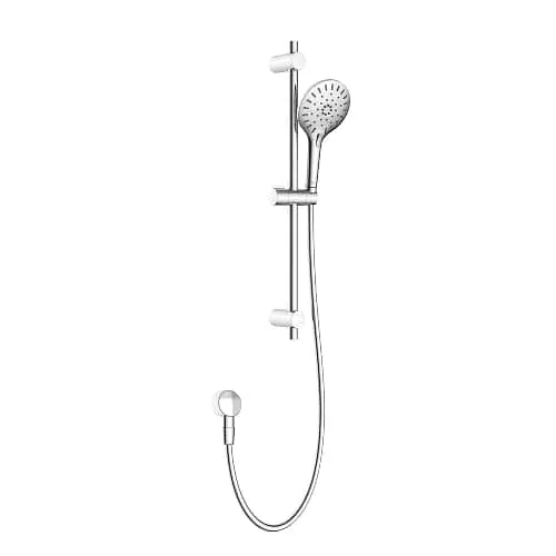 Roca Ona chrome handheld shower head with adjustable rail mount and flexible hose against white background.