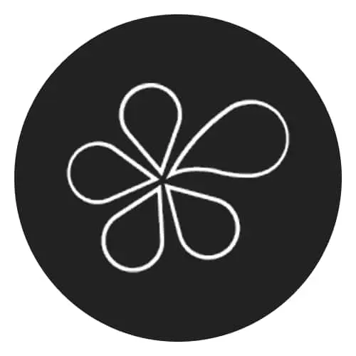 Simple white flower-shaped logo with five rounded petals on a black circular background.