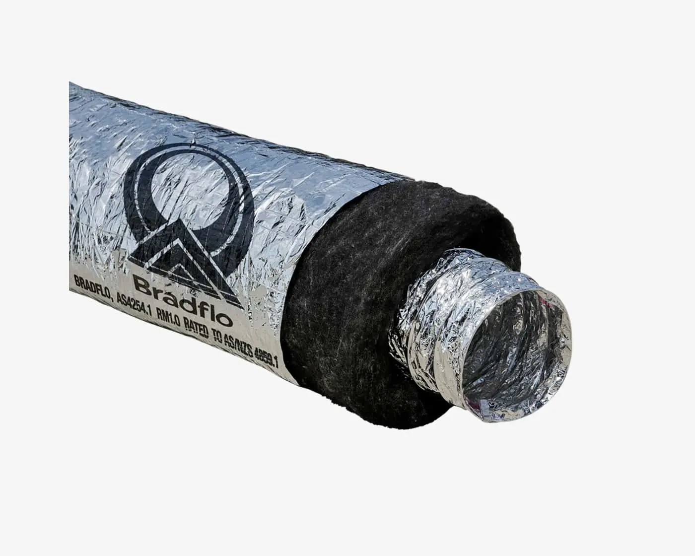 Insulated HVAC duct with silver foil exterior, black insulation layer, and Bradflo branding on the outer wrapping.