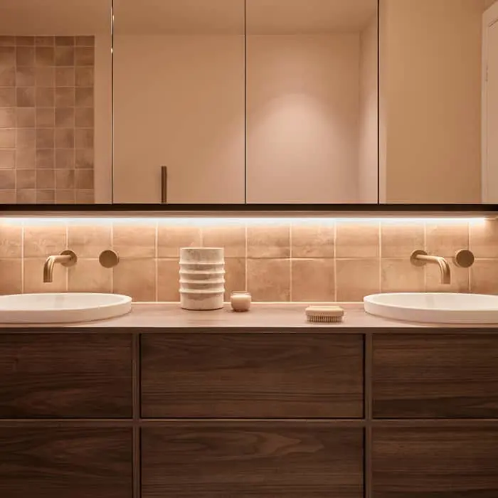 Modern bathroom with wooden vanity, dual sinks, wall-mounted faucets, and warm under-cabinet lighting against beige tile.