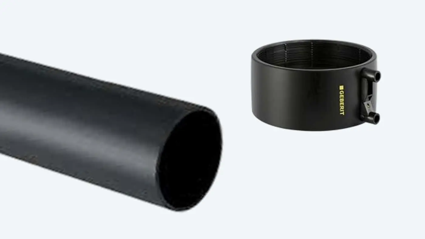 Black cylindrical pipe and a circular clamp with Geberit branding on white background.