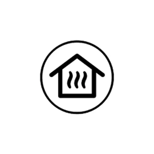 Simple black icon of a house with wavy heat lines inside, enclosed in a circle, representing home heating or climate control.