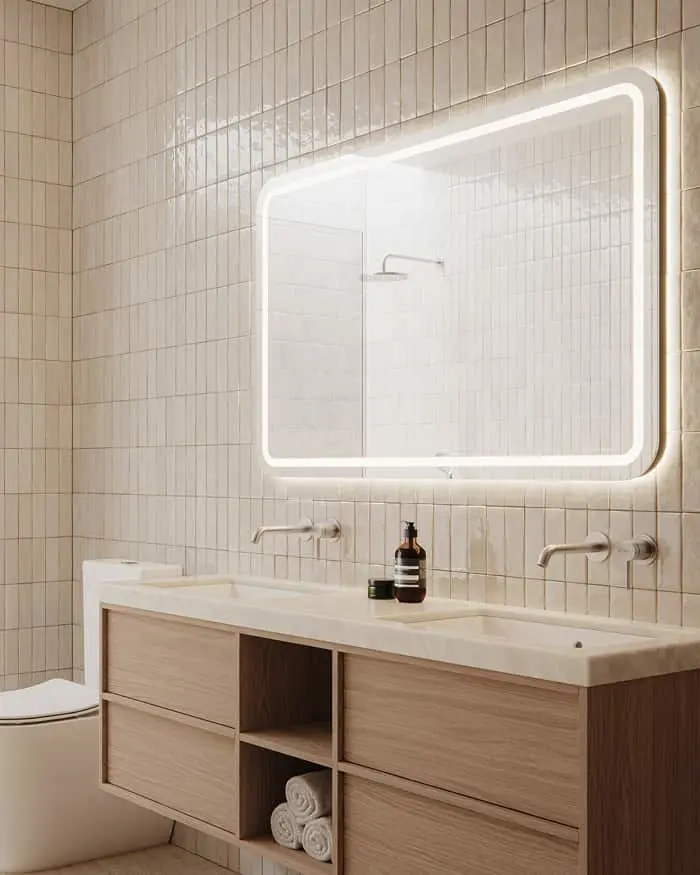 Modern bathroom with cream tiles, illuminated rectangular mirror, wooden vanity with double sinks, and rolled towels.