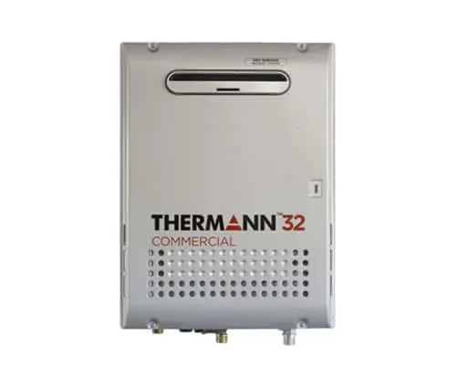 Thermann Commercial water heater unit with silver exterior and ventilation holes at the bottom