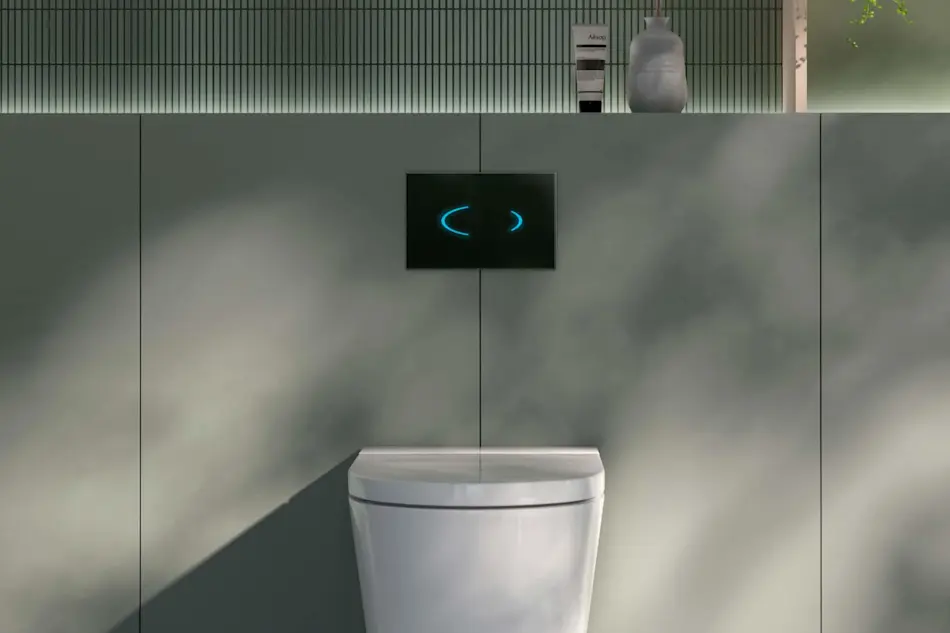 Modern bathroom with white toilet and wall-mounted screen displaying blue curved lines against gray wall panels.