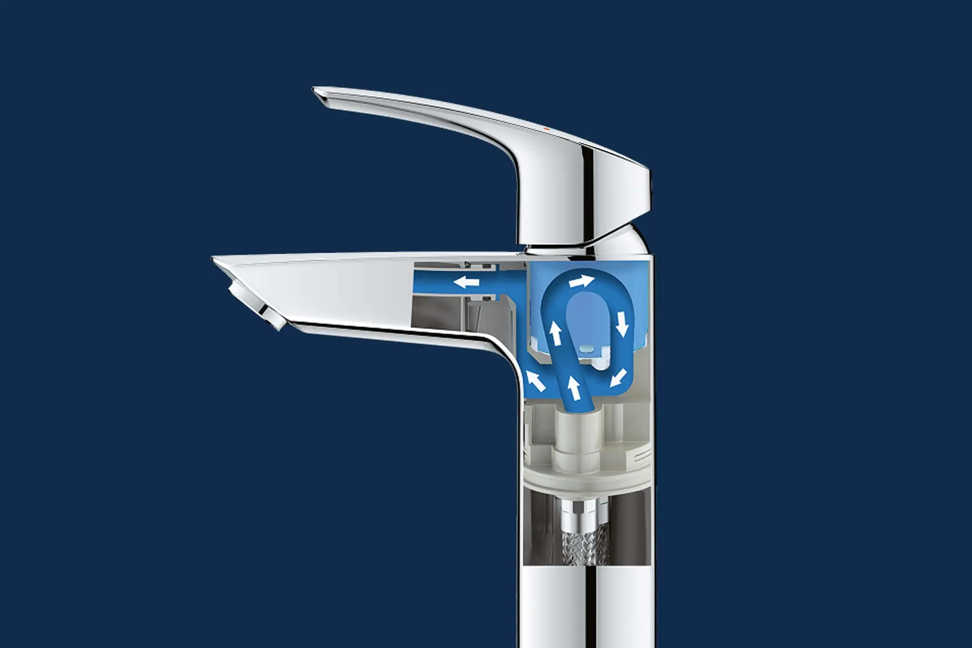 Chrome bathroom faucet with cutaway view showing internal water flow mechanism with blue arrows on navy background.