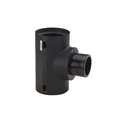 Black plastic T-shaped pipe fitting with a main vertical tube and smaller horizontal connector for plumbing systems.