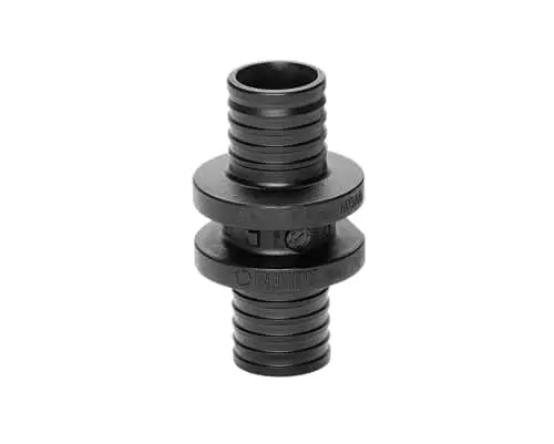 Black plastic plumbing connector with ribbed ends and central flange for joining pipes.