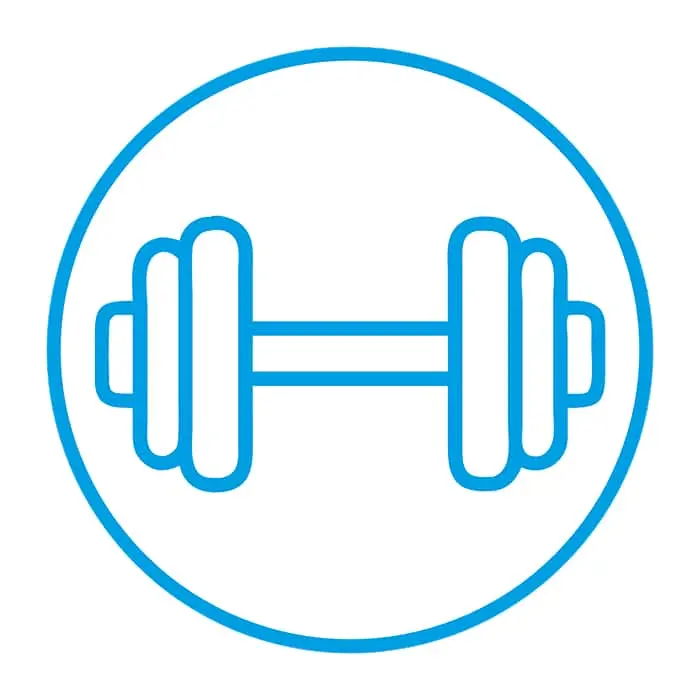 Blue outline icon of a dumbbell inside a circular border, representing fitness or strength training.