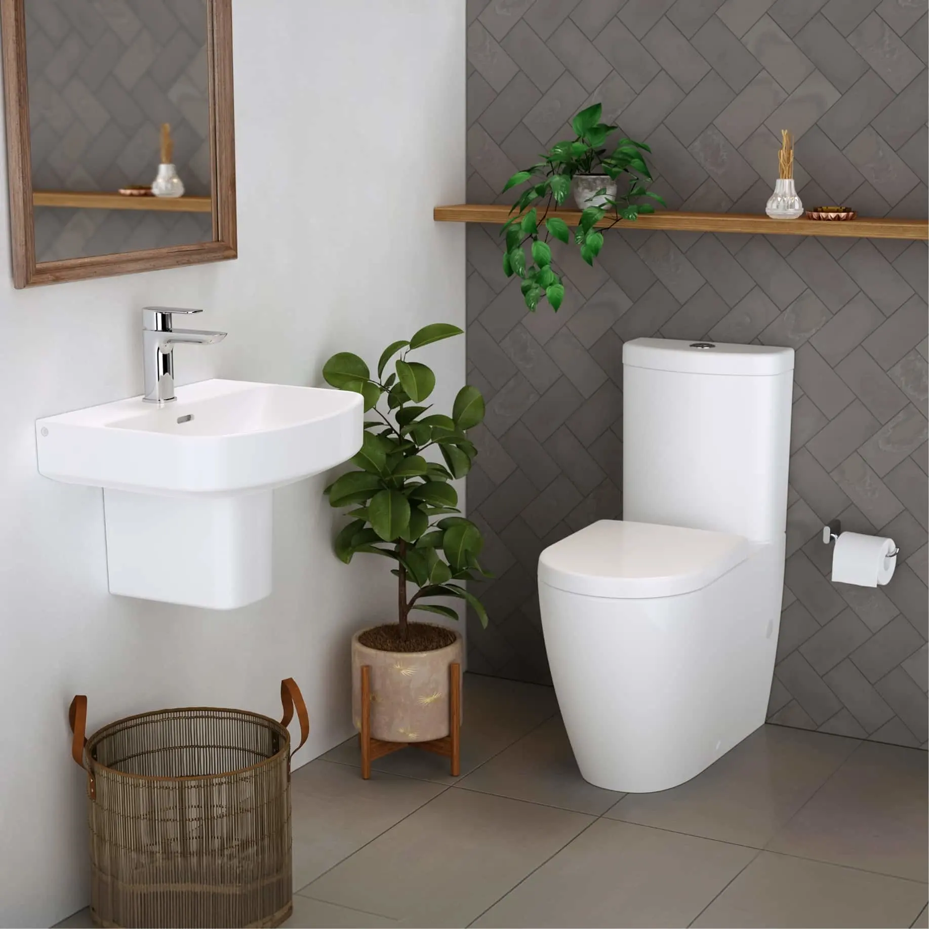 Modern bathroom with white wall-mounted sink, white toilet, gray herringbone tile wall, and green potted plants.