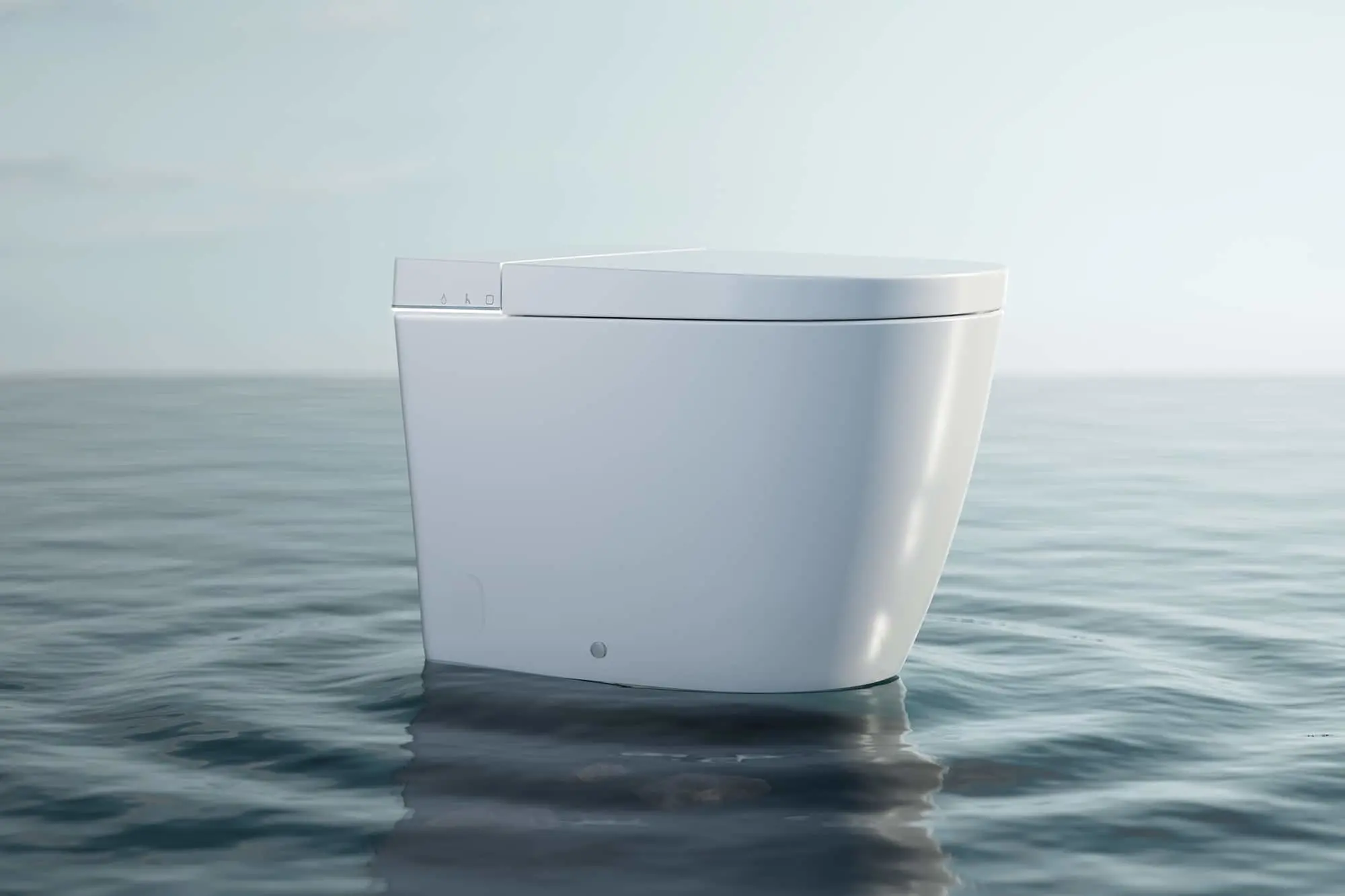 Modern white smart toilet with sleek design displayed on water surface against a pale blue background.