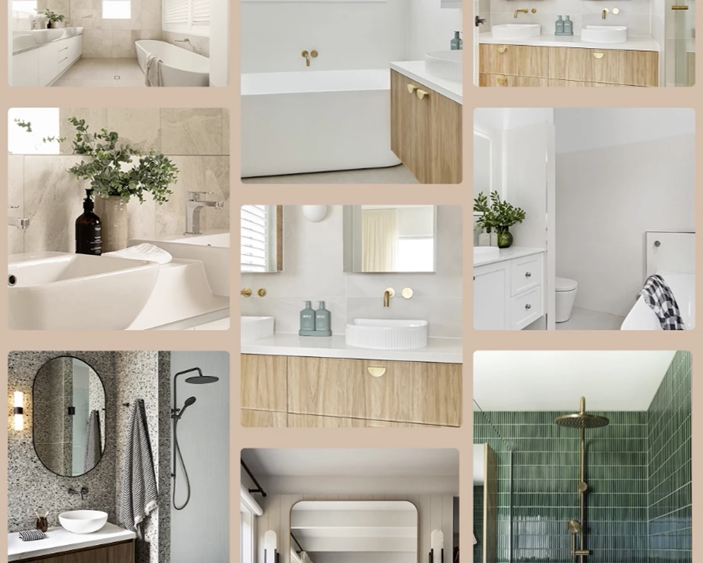 A collage of bathroom design photos.