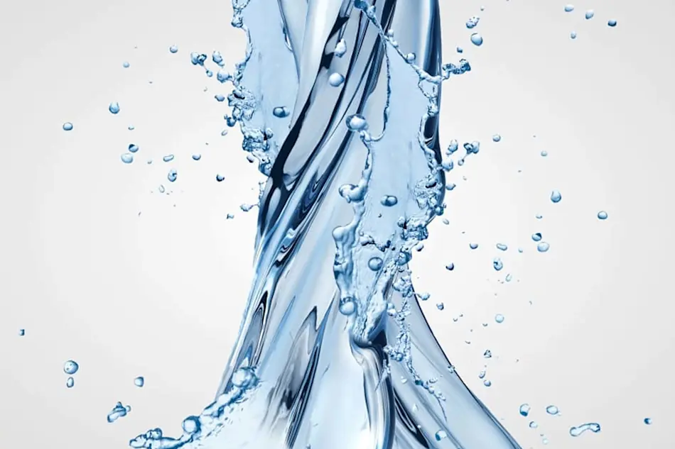 Dynamic water splash with swirling blue liquid streams and droplets against a white background.