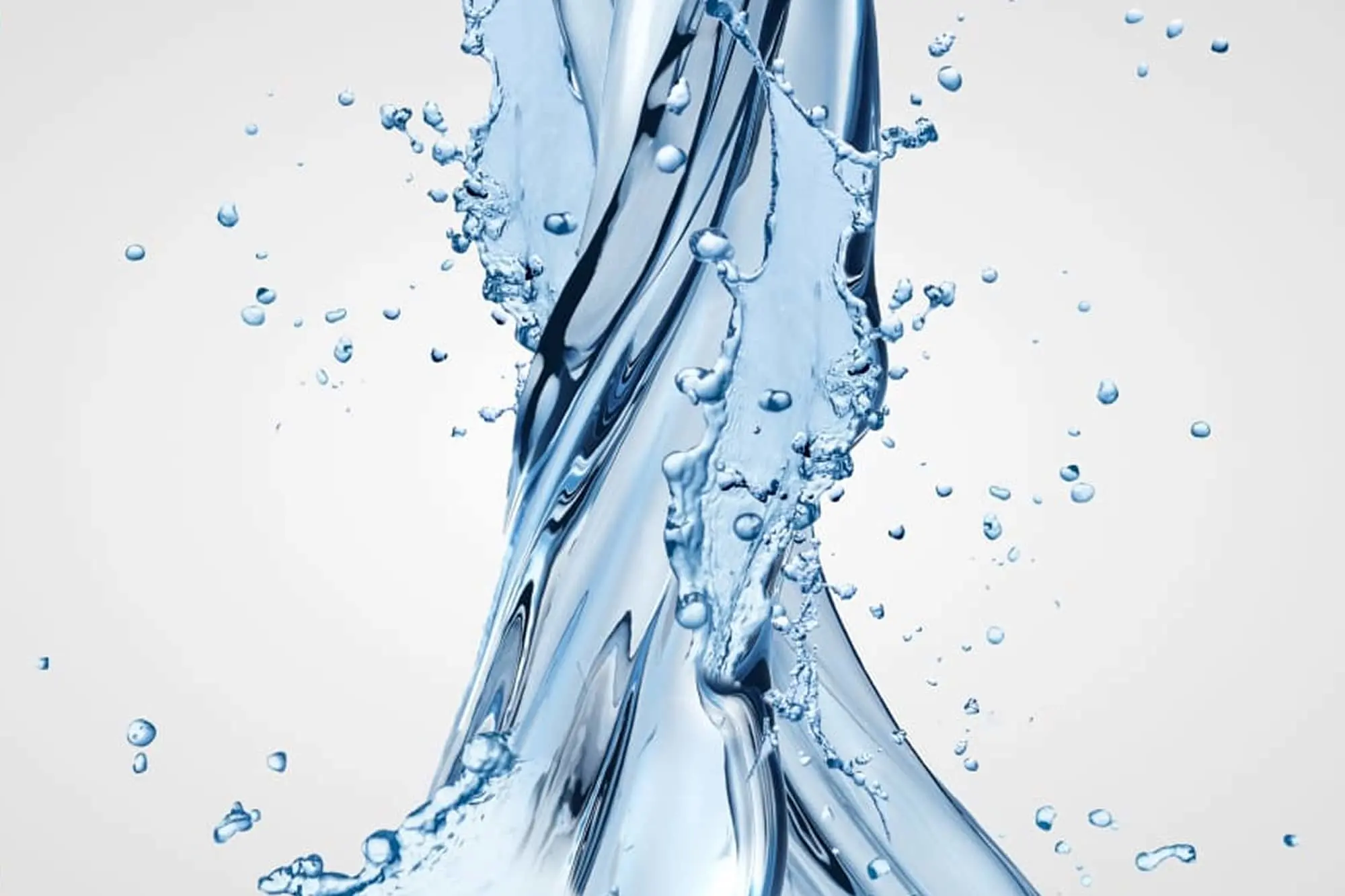 Dynamic water splash with swirling blue liquid streams and droplets against a white background.