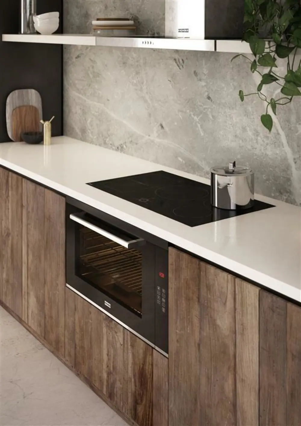 Modern kitchen with wooden cabinets, white countertop, black induction cooktop, built-in oven, and marble backsplash.