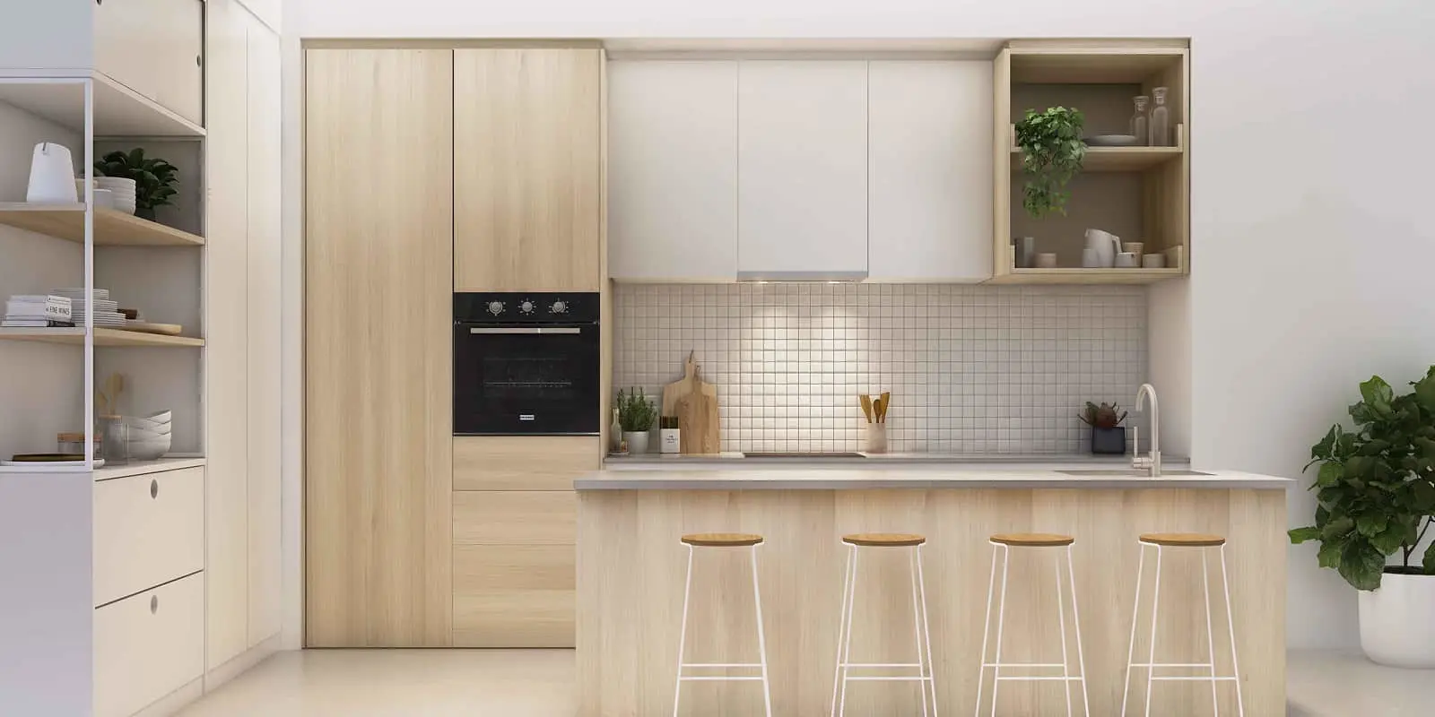 Modern kitchen with light wood cabinets, white tile backsplash, built-in black oven, and island with four stools.