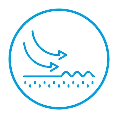 Blue circular icon showing arrows pointing to wavy line above dotted pattern, representing water flow or filtration.