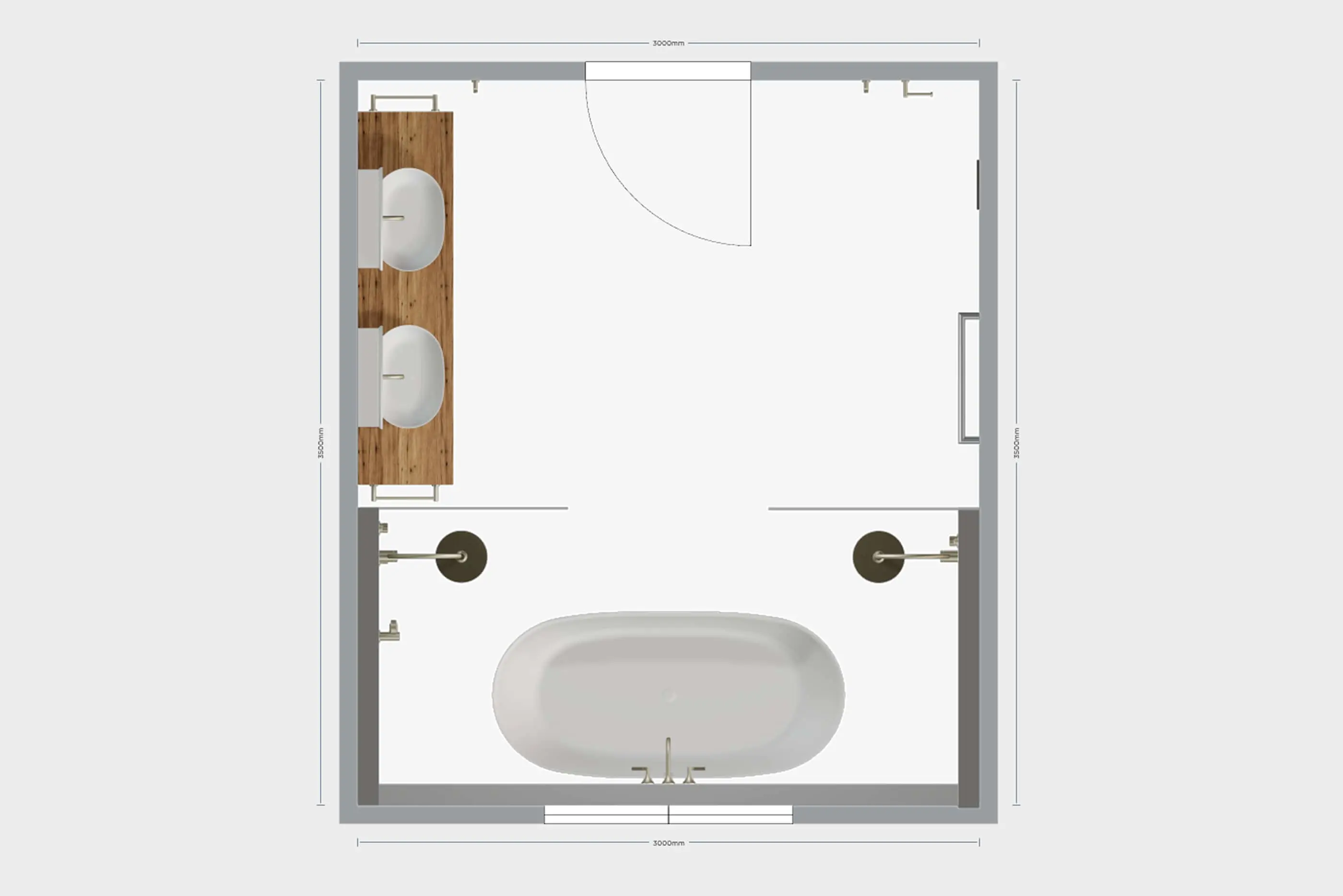 Bathroom floor plan showing oval bathtub, double sink vanity with wooden countertop, and dimensions of 3000mm square.
