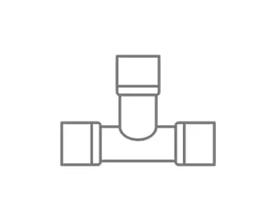 Simple gray line drawing of a T-shaped pipe fitting with connecting joints on three ends.