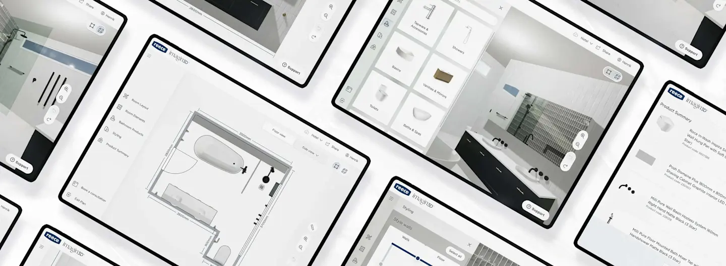 Multiple tablet screens showing a bathroom design application with floor plans, product selections, and 3D bathroom visualizations.