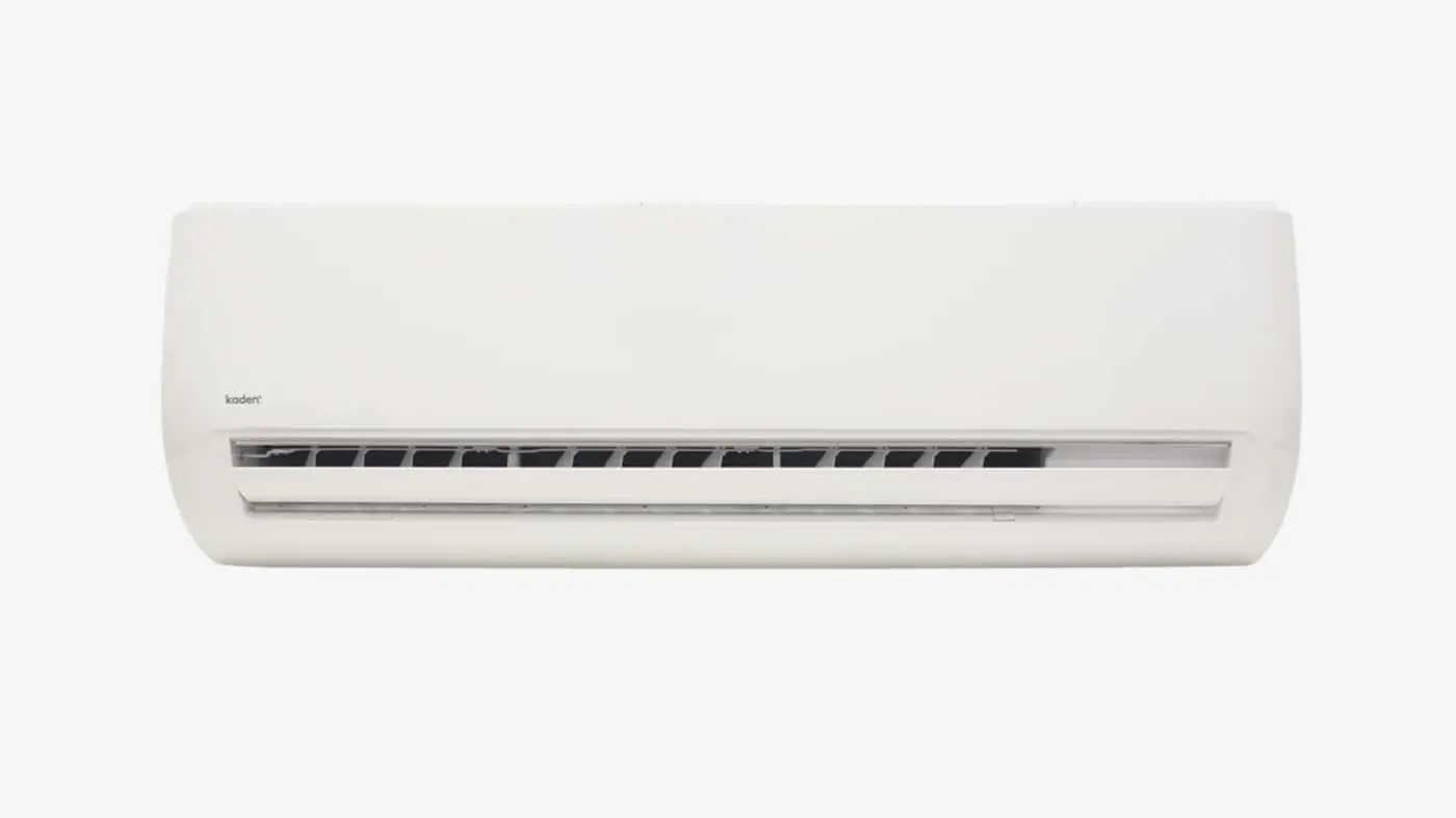 White wall-mounted air conditioning unit from Kaden with horizontal air vents against white background.
