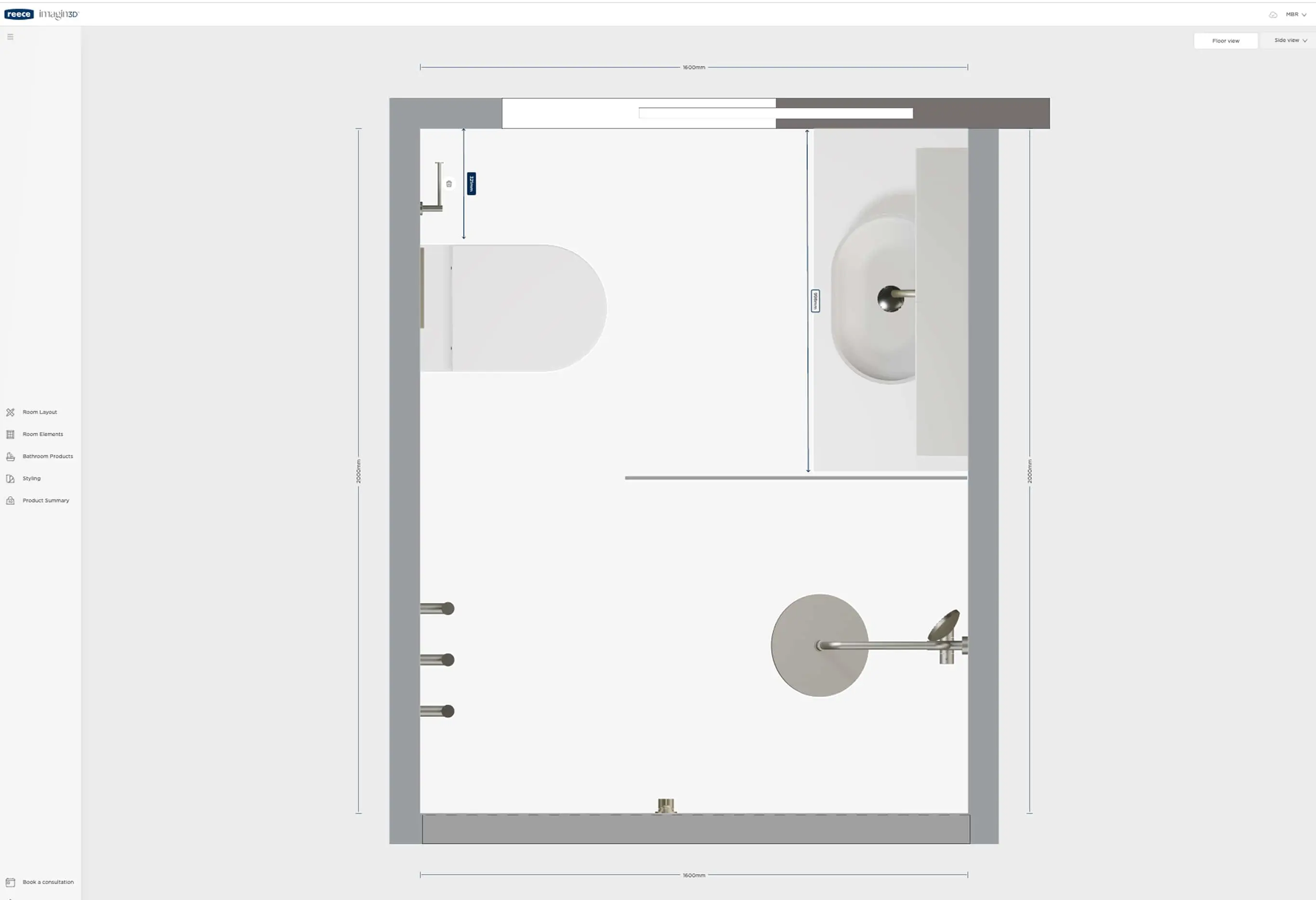 Bathroom floor plan showing toilet, sink, and shower fixtures in a digital design interface with measurement indicators.