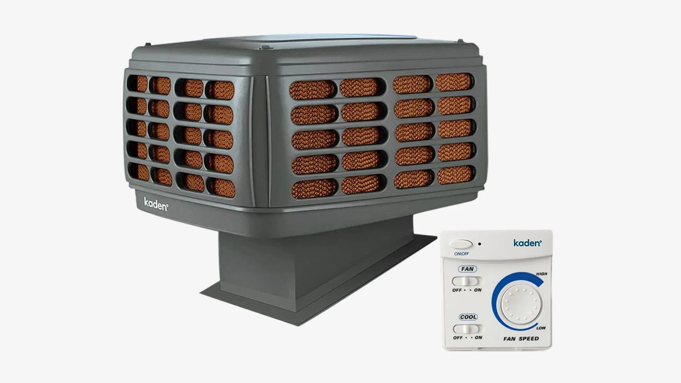Gray evaporative air cooler with orange cooling pads and a digital control panel with temperature display.