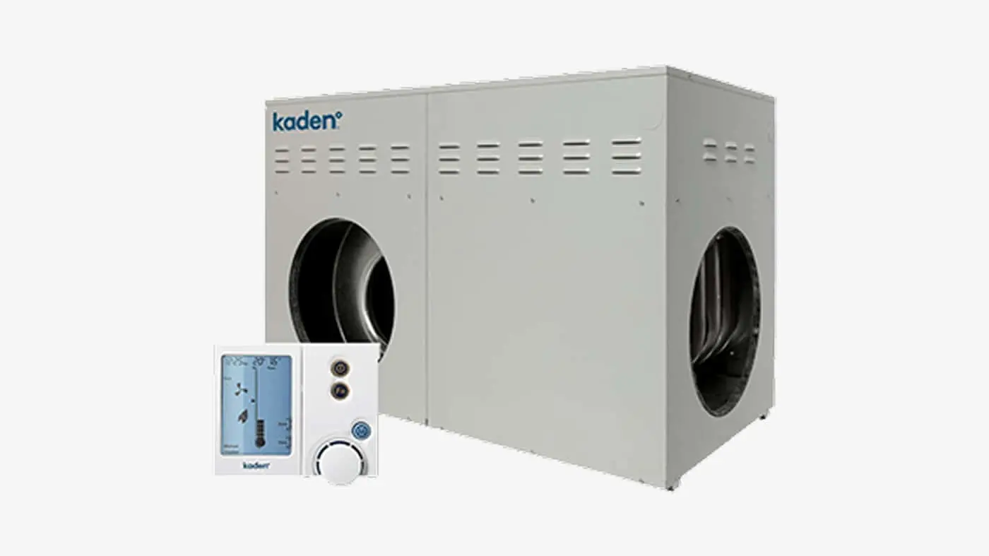 Kaden HVAC unit with gray metal housing featuring ventilation ports and a digital control panel with blue display screen.