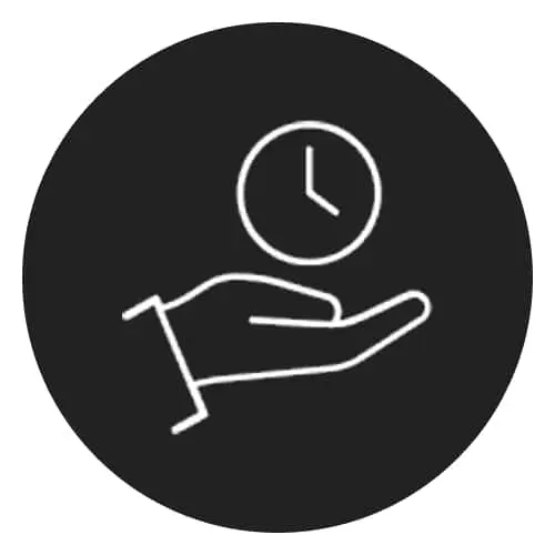 White outline icon of a hand holding a clock on a black circular background, representing time management.