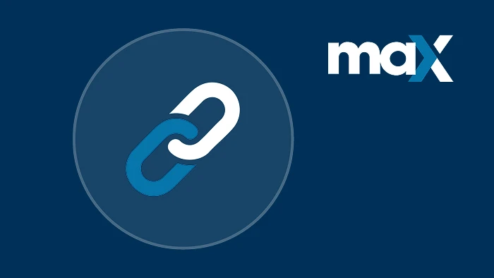 Chain link icon in a circular frame on dark blue background with MAX logo in top right corner.