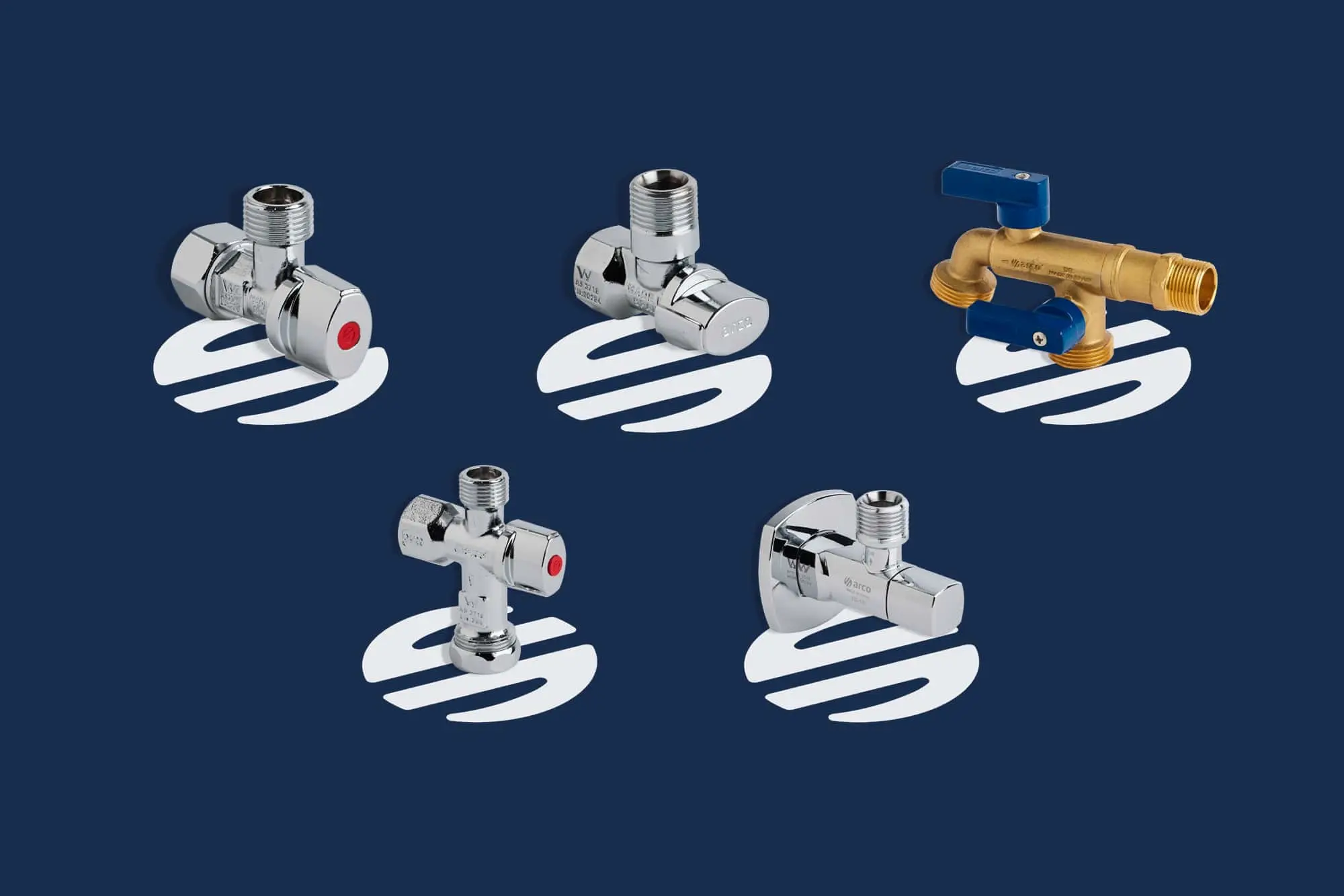 Five plumbing valves displayed on a dark blue background, including chrome angle valves and one brass valve with blue handle.