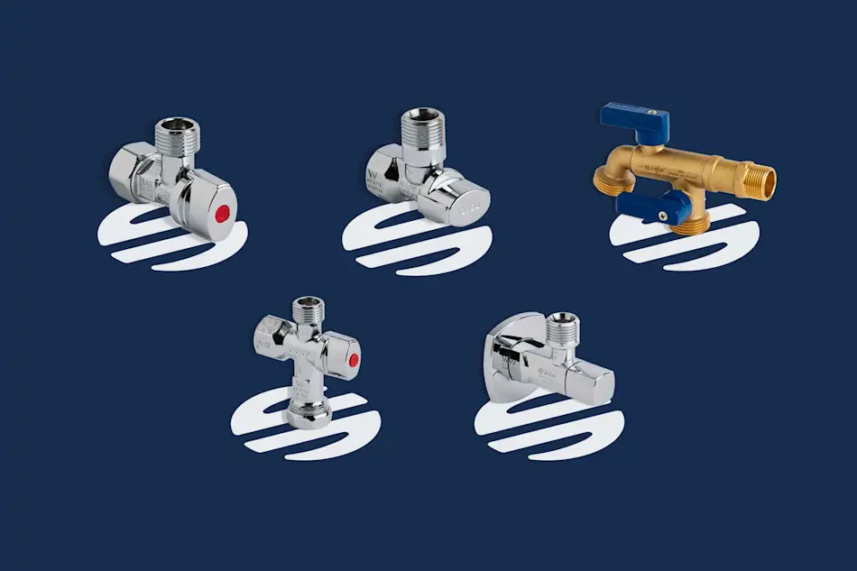 Five plumbing valves displayed on a dark blue background, including chrome angle valves and one brass valve with blue handle.