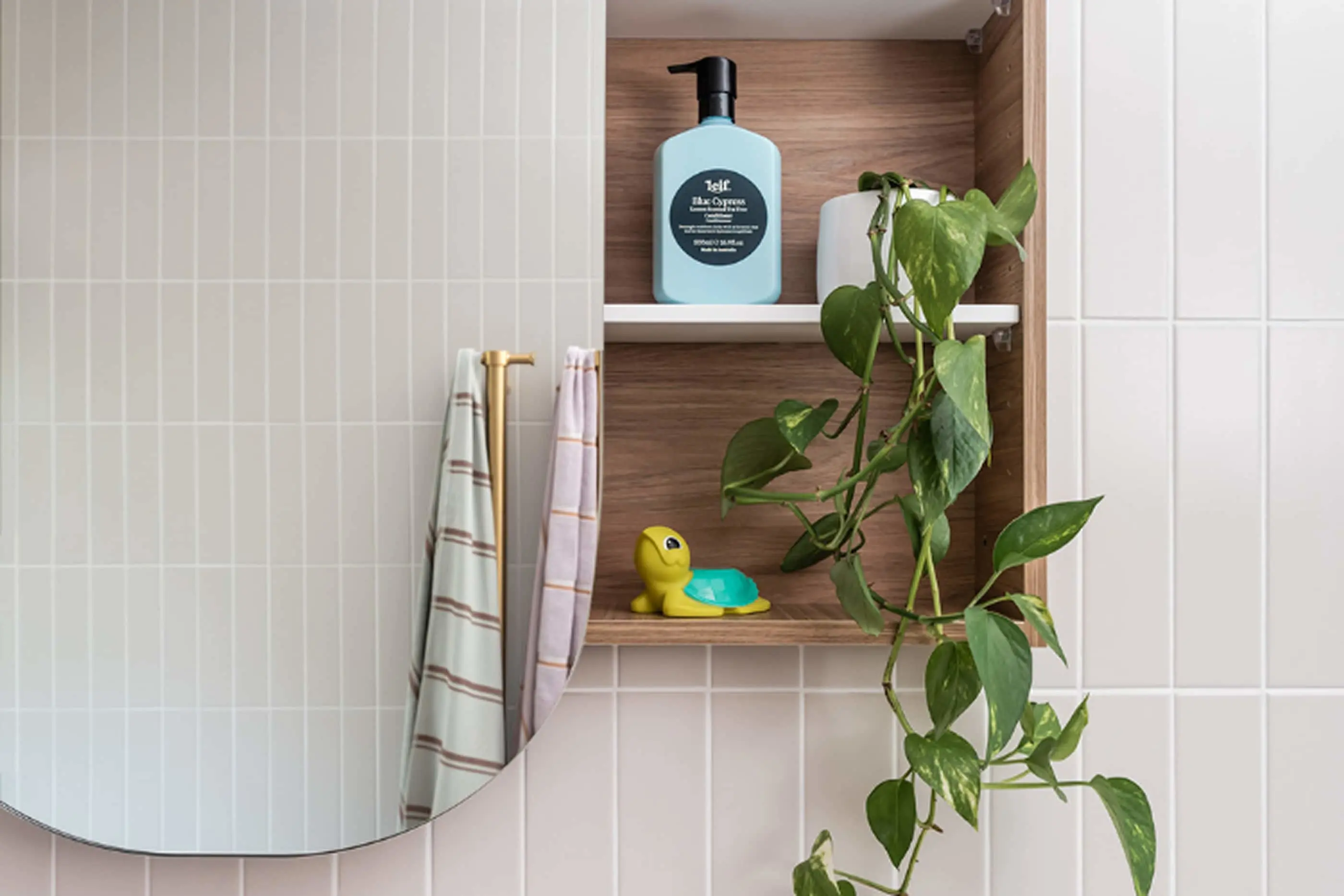 Bathroom shelf with blue soap dispenser, yellow turtle toy, plant, and hanging towels beside a round mirror.