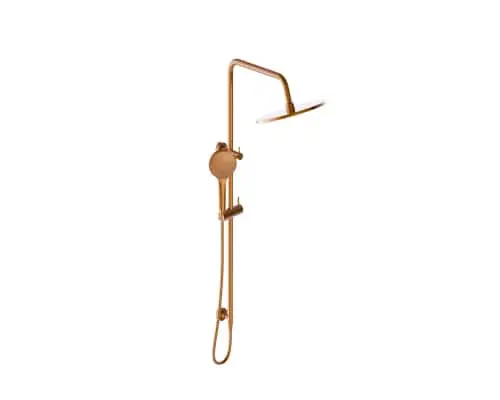 Mizu Drift bronze-colored shower system with overhead rainfall showerhead and handheld sprayer on an adjustable rail.