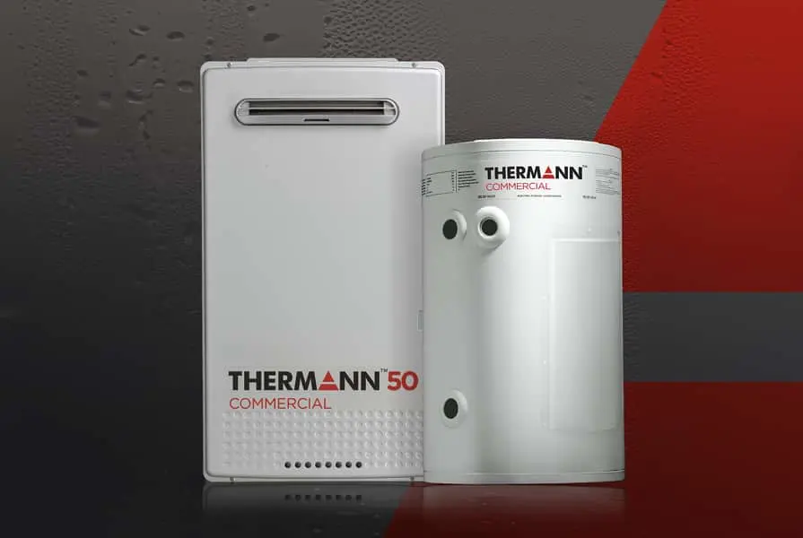 White Thermann commercial water heater unit next to a white cylindrical storage tank on a gray and red background.