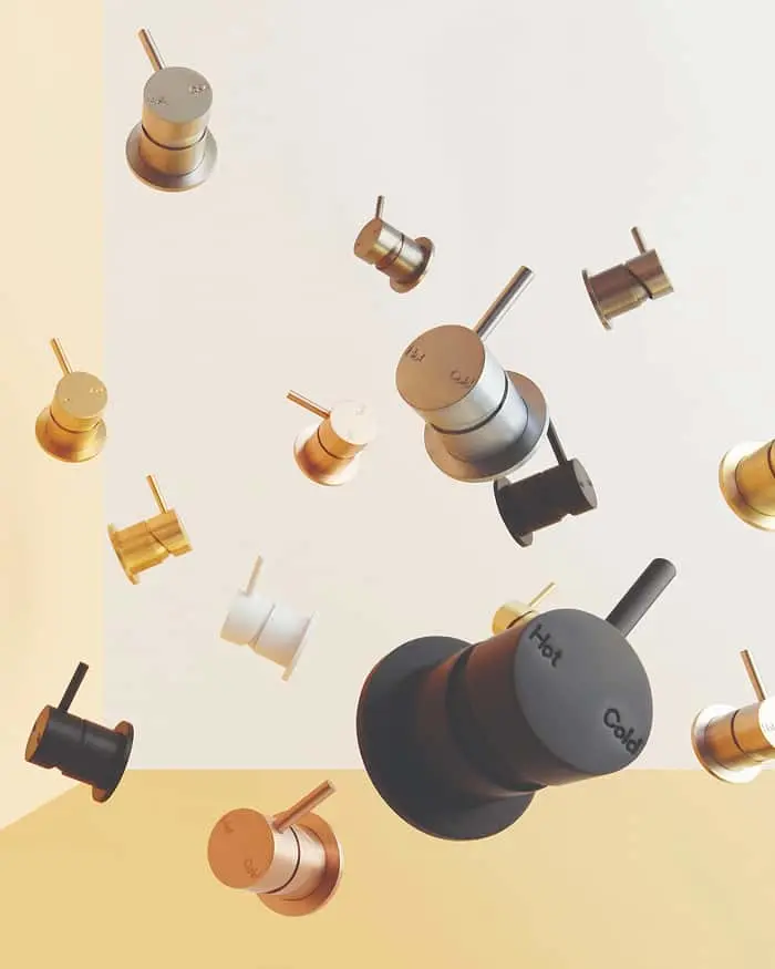 Multiple tap mixer handles in various finishes including black, gold, silver, white, and copper, arranged as if floating mid-air.