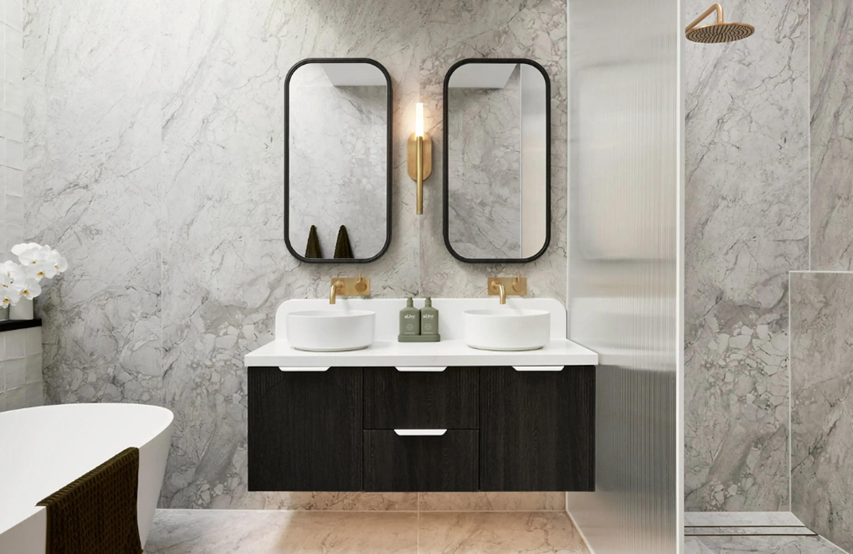 Modern bathroom with marble walls, double vanity with black cabinets, gold fixtures, and rainfall shower head visible.