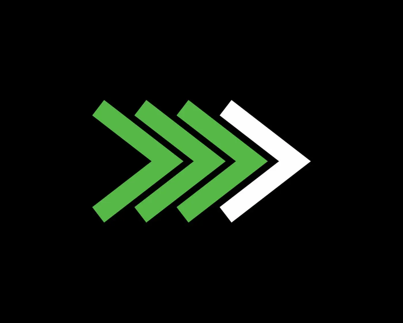 Four directional arrows pointing right, three green and one white, arranged in sequence on a black background.