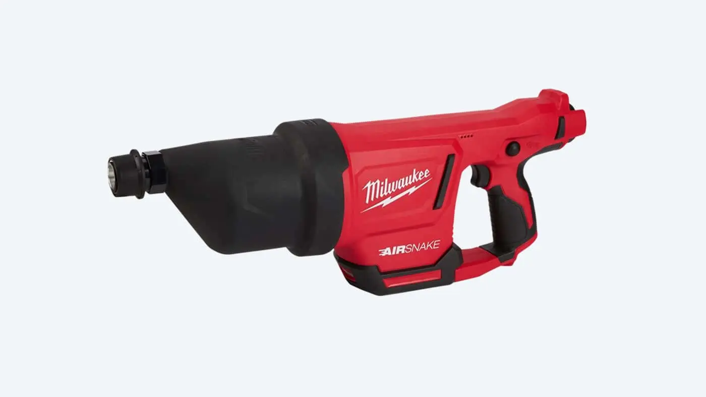 Red Milwaukee AirSnake drain cleaning tool with black nozzle and handle against white background.