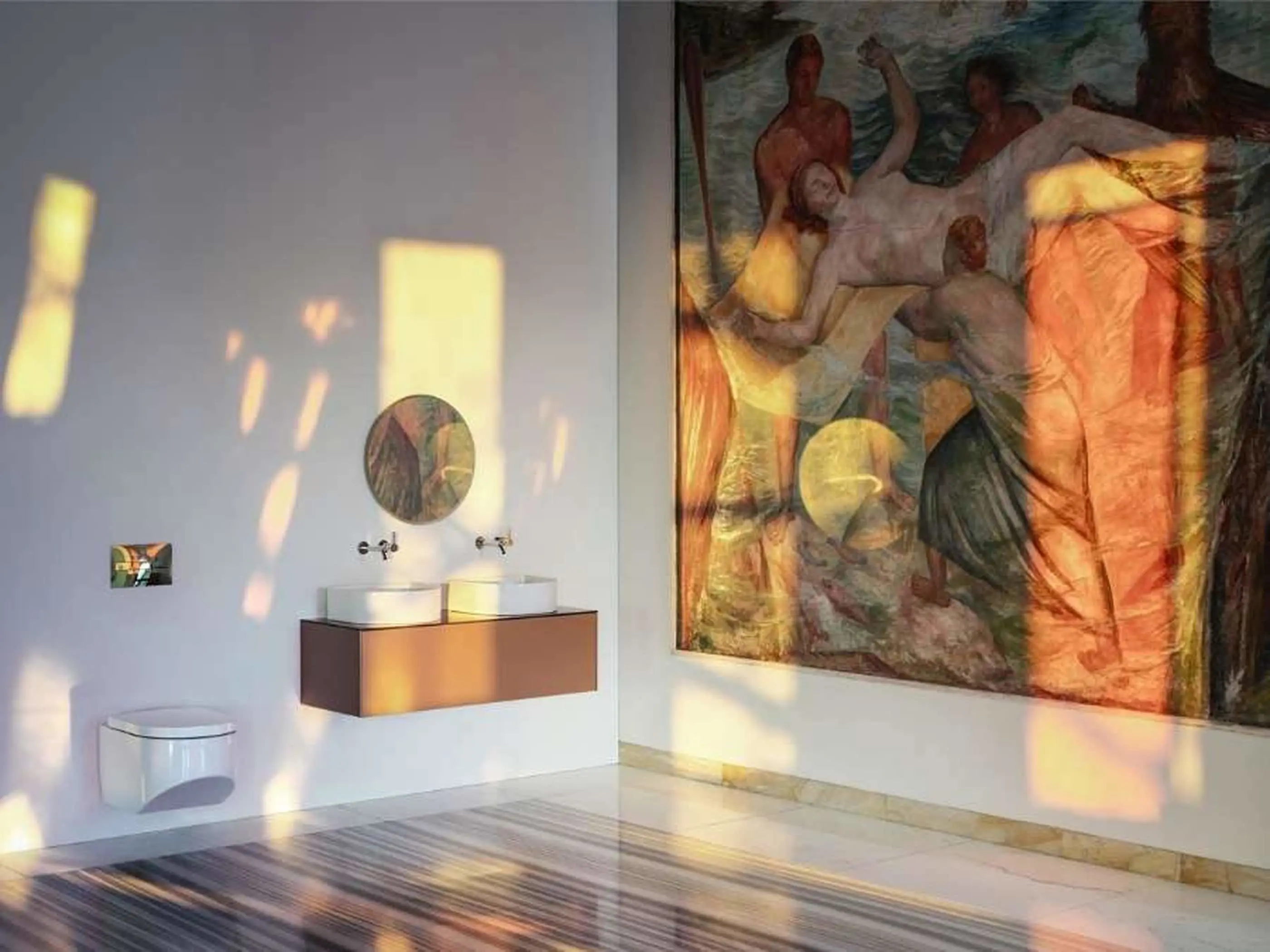 Modern bathroom with floating vanity, white sinks, and large classical artwork on wall with warm sunlight patterns.