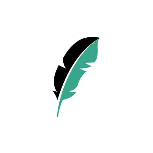Stylised feather logo in black and teal green on white background