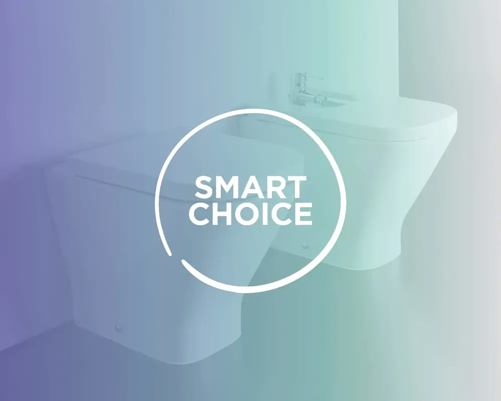 Modern white toilet and bidet with "SMART CHOICE" text in circular overlay on blue-purple gradient background.
