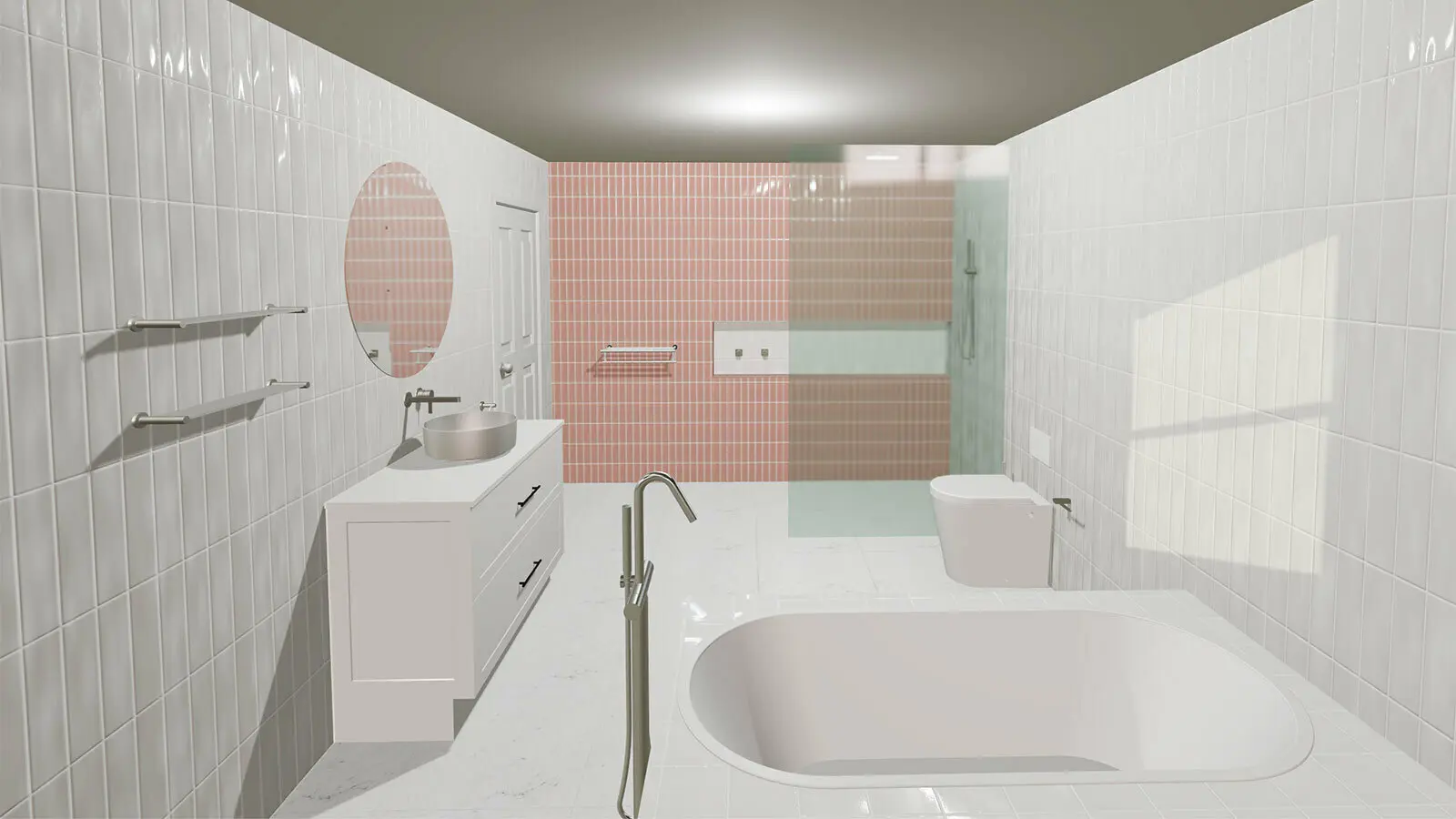 Modern bathroom with white tiles, pink accent wall, freestanding tub, vanity with vessel sink, and glass shower.