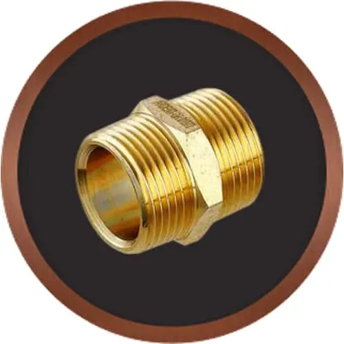 Brass pipe fitting with threaded connections displayed on a black background with copper-colored circular border.
