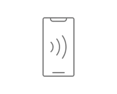 Simple gray outline of a smartphone with sound wave or signal icons displayed on the screen.