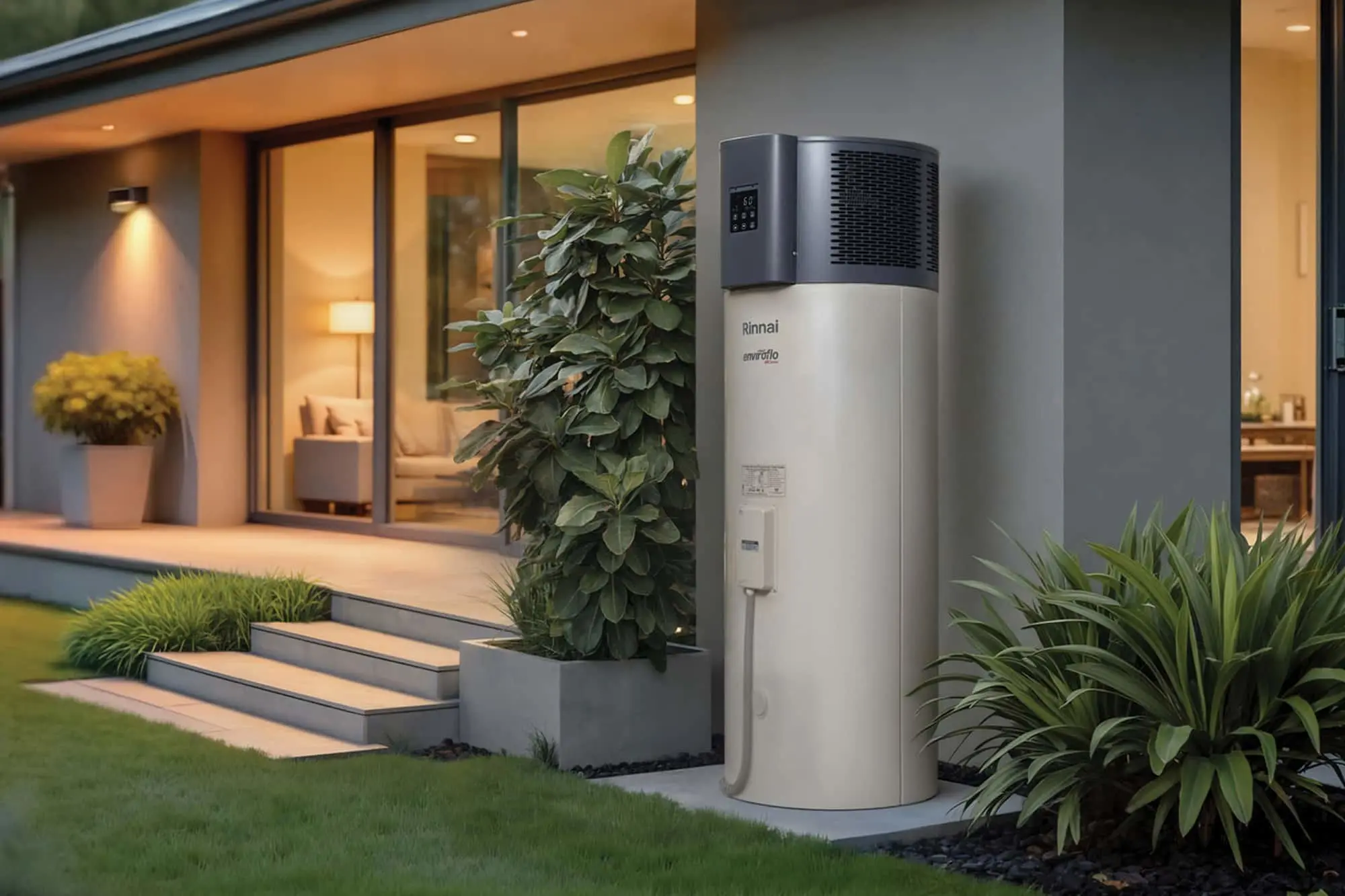Rinnai water heater installed outside modern home with glass doors, landscaped garden, and concrete steps.