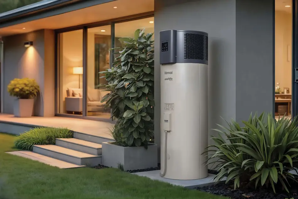 Rinnai water heater installed outside modern home with glass doors, landscaped garden, and concrete steps.