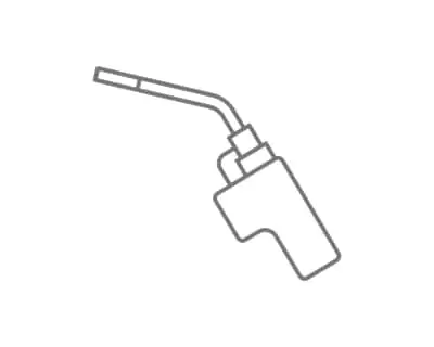Simple line drawing of a welding torch with angled nozzle and handle