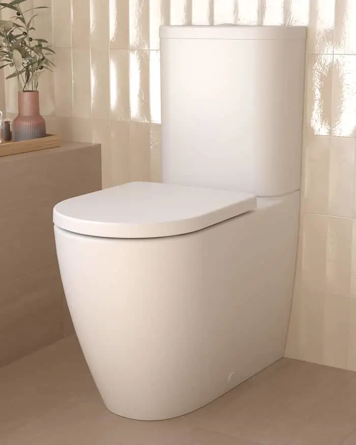 Modern white toilet in a beige bathroom with decorative plant in vase on nearby counter.